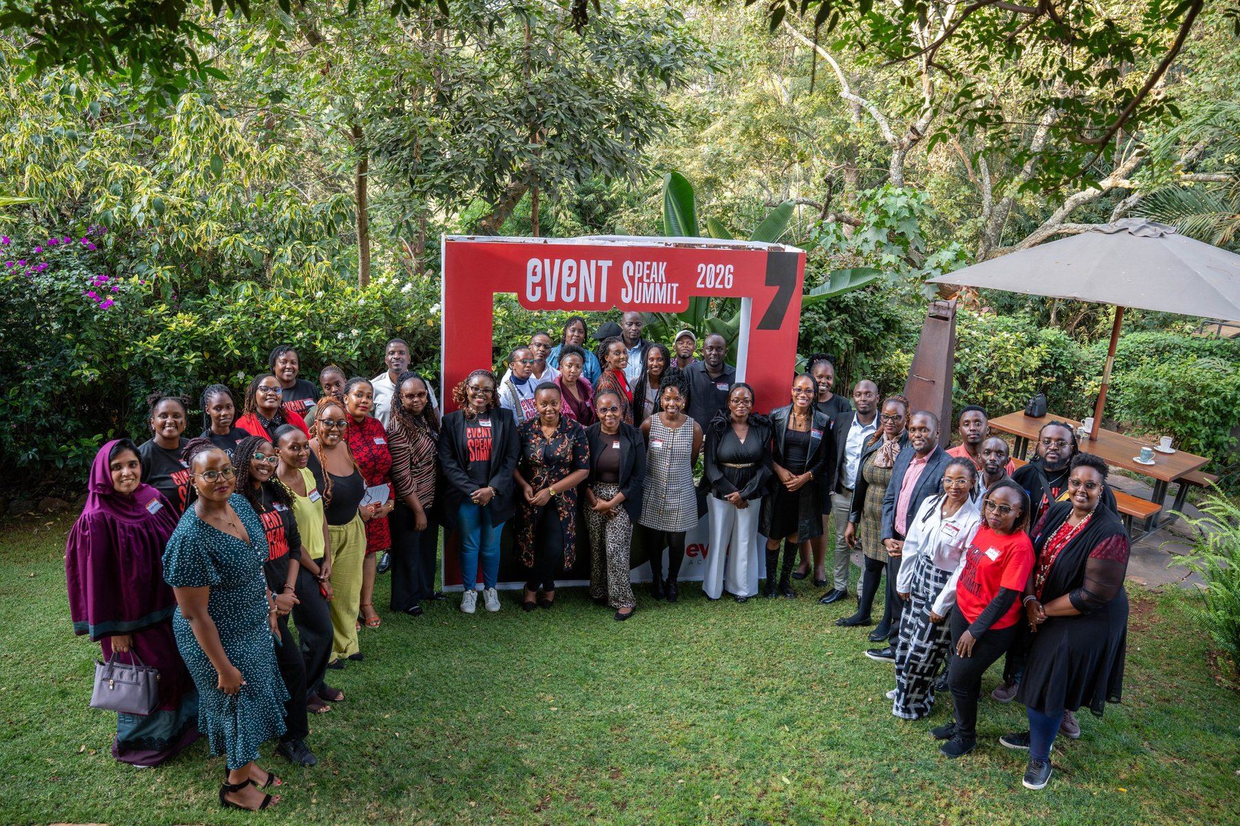 Delegates at the Event Speak Summit 2026, photographed in the garden at Ankole Grill
